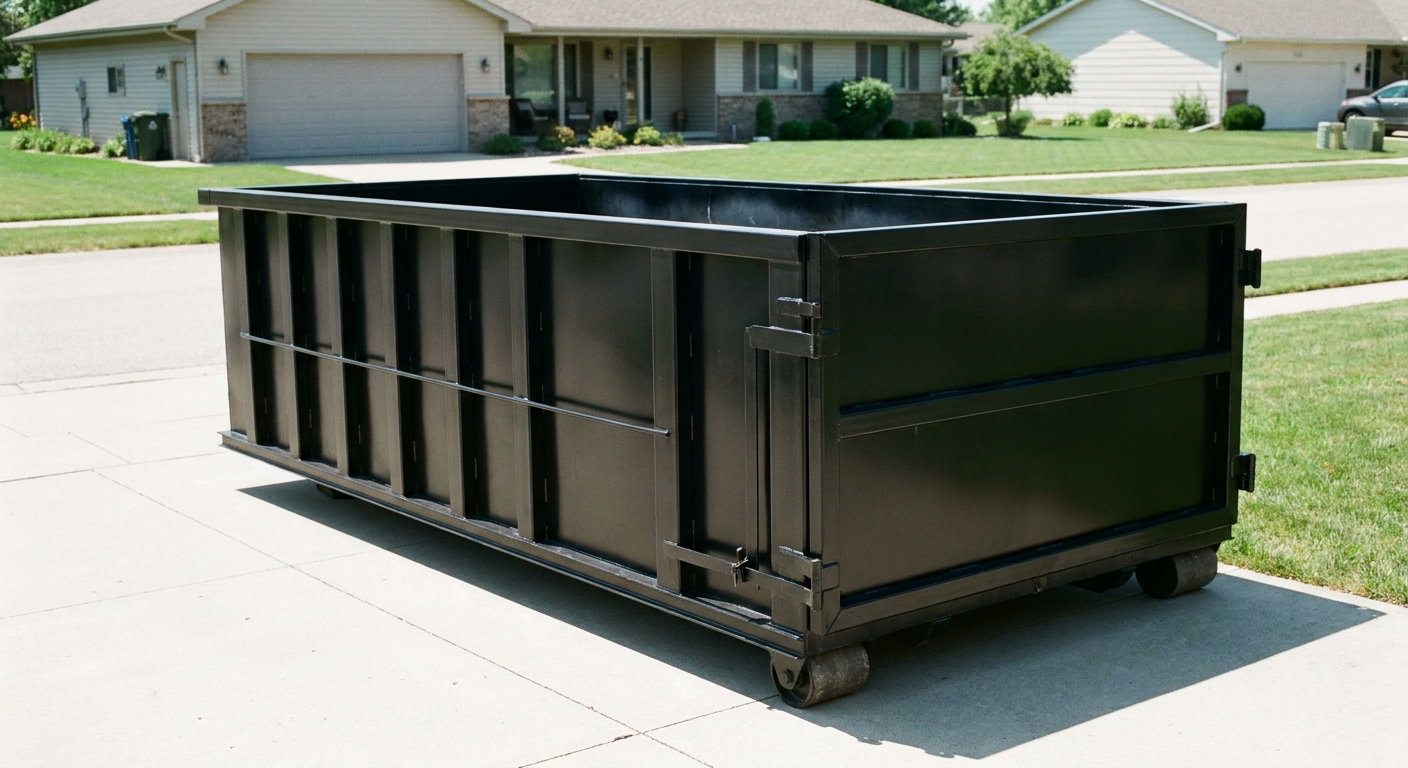 Matte-black 10-yard roll-off dumpster on a residential concrete driveway in College Station, uniformly painted matte black across every panel and rail, ribbed steel sidewalls and rear swing door visible, mid-day daylight.
