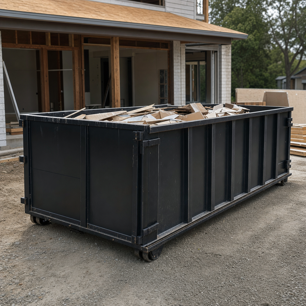 Large matte-black 30-yard construction roll-off dumpster at an active College Station jobsite, steel-gray top rails and bottom rollers visible, loaded with construction debris.