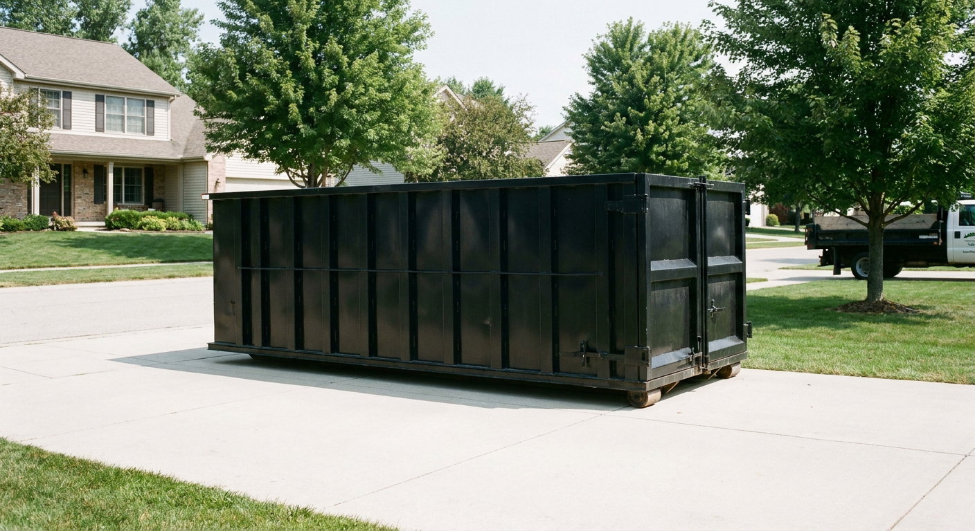 Matte-black 20-yard roll-off dumpster sitting level on a clean College Station residential concrete driveway under bright daylight, demonstrating clean placement directly on the concrete.
