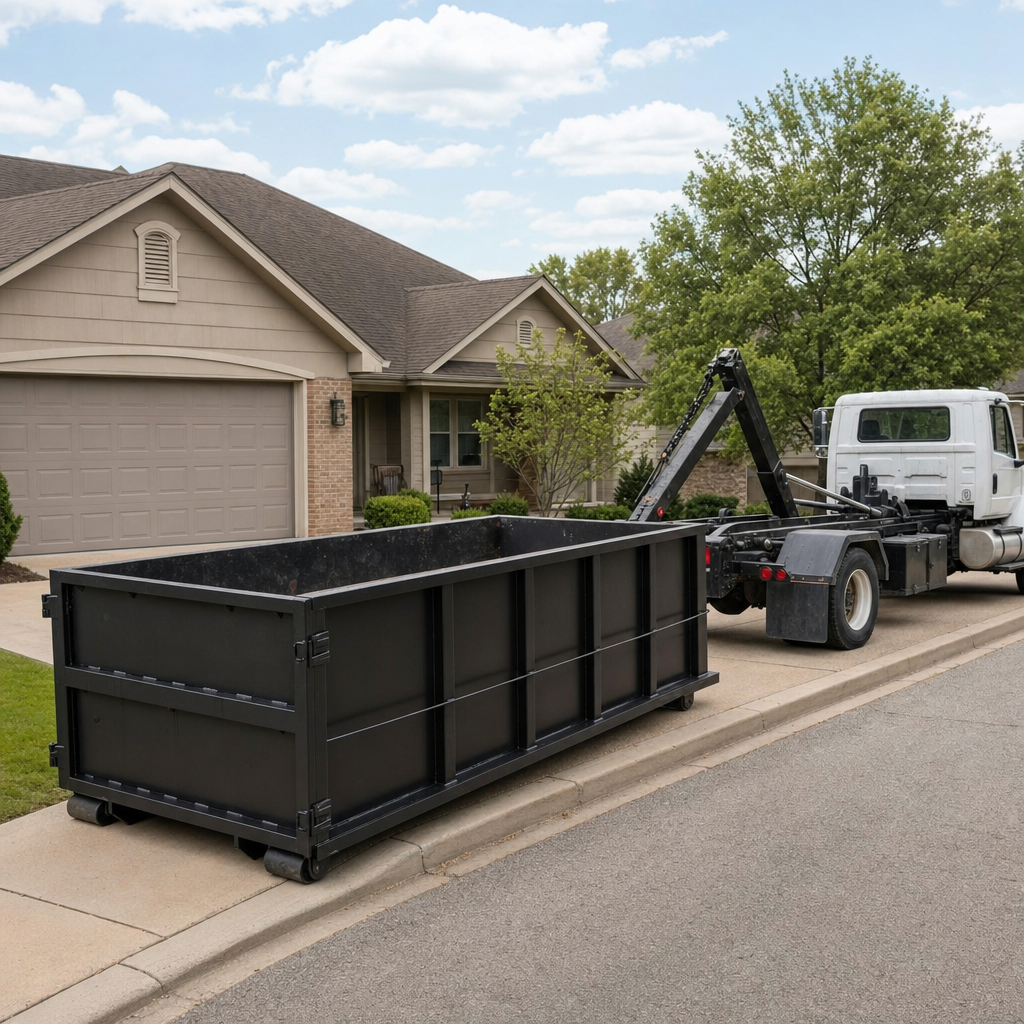 Wide documentary shot of a matte-black roll-off dumpster on a College Station residential driveway in the foreground and a contractor jobsite container in the soft-focus background, bright daylight, calm and orderly composition.