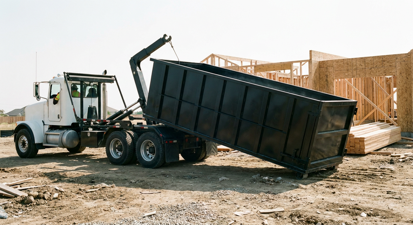 Matte-black roll-off dumpster being delivered onto a clean residential concrete driveway in College Station by an unmarked white hooklift hauler truck, bright morning daylight, documentary 35mm perspective.
